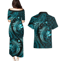 Aloha Hawaii Hammerhead Shark Couples Matching Puletasi and Hawaiian Shirt Turquoise Kakau and Polynesian Tattoo LT03 - Polynesian Pride