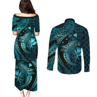 Aloha Hawaii Hammerhead Shark Couples Matching Puletasi and Long Sleeve Button Shirt Turquoise Kakau and Polynesian Tattoo LT03 - Polynesian Pride
