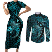 Aloha Hawaii Hammerhead Shark Couples Matching Short Sleeve Bodycon Dress and Long Sleeve Button Shirt Turquoise Kakau and Polynesian Tattoo LT03