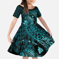 Aloha Hawaii Hammerhead Shark Family Matching Long Sleeve Bodycon Dress and Hawaiian Shirt Turquoise Kakau and Polynesian Tattoo LT03 Daughter's Dress Turquoise - Polynesian Pride