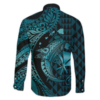 Aloha Hawaii Hammerhead Shark Family Matching Long Sleeve Bodycon Dress and Hawaiian Shirt Turquoise Kakau and Polynesian Tattoo LT03 - Polynesian Pride