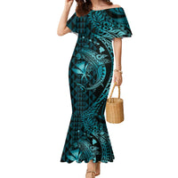 Aloha Hawaii Hammerhead Shark Family Matching Mermaid Dress and Hawaiian Shirt Turquoise Kakau and Polynesian Tattoo LT03