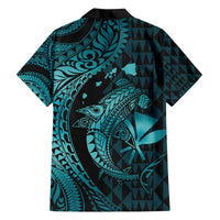 Aloha Hawaii Hammerhead Shark Family Matching Off The Shoulder Long Sleeve Dress and Hawaiian Shirt Turquoise Kakau and Polynesian Tattoo LT03