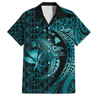 Aloha Hawaii Hammerhead Shark Family Matching Off Shoulder Short Dress and Hawaiian Shirt Turquoise Kakau and Polynesian Tattoo LT03