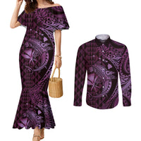 Aloha Hawaii Hammerhead Shark Couples Matching Mermaid Dress and Long Sleeve Button Shirt Purple Kakau and Polynesian Tattoo LT03
