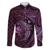 Aloha Hawaii Hammerhead Shark Family Matching Puletasi and Hawaiian Shirt Purple Kakau and Polynesian Tattoo LT03 Dad's Shirt - Long Sleeve Purple - Polynesian Pride