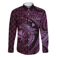 Aloha Hawaii Hammerhead Shark Family Matching Tank Maxi Dress and Hawaiian Shirt Purple Kakau and Polynesian Tattoo LT03 Dad's Shirt - Long Sleeve Purple - Polynesian Pride