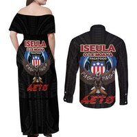 American Samoa Fautasi Couples Matching Off Shoulder Maxi Dress and Long Sleeve Button Shirt Pago Pago Aeto and Iseula o le Moana of Fagatogo Black Color - Polynesian Pride