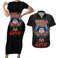 American Samoa Fautasi Couples Matching Short Sleeve Bodycon Dress and Hawaiian Shirt Pago Pago Aeto and Iseula o le Moana of Fagatogo Black Color - Polynesian Pride