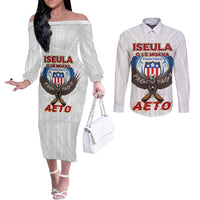 American Samoa Fautasi Couples Matching Off The Shoulder Long Sleeve Dress and Long Sleeve Button Shirt Pago Pago Aeto and Iseula o le Moana of Fagatogo White Color - Polynesian Pride