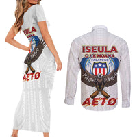 American Samoa Fautasi Couples Matching Short Sleeve Bodycon Dress and Long Sleeve Button Shirt Pago Pago Aeto and Iseula o le Moana of Fagatogo White Color - Polynesian Pride