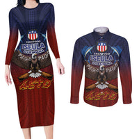 American Samoa Fautasi Couples Matching Long Sleeve Bodycon Dress and Long Sleeve Button Shirt Pago Pago Aeto and Iseula o le Moana of Fagatogo Red-Blue - Polynesian Pride