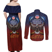 American Samoa Fautasi Couples Matching Off Shoulder Maxi Dress and Long Sleeve Button Shirt Pago Pago Aeto and Iseula o le Moana of Fagatogo Red-Blue - Polynesian Pride
