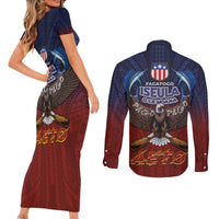 American Samoa Fautasi Couples Matching Short Sleeve Bodycon Dress and Long Sleeve Button Shirt Pago Pago Aeto and Iseula o le Moana of Fagatogo Red-Blue - Polynesian Pride