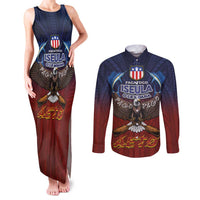 American Samoa Fautasi Couples Matching Tank Maxi Dress and Long Sleeve Button Shirt Pago Pago Aeto and Iseula o le Moana of Fagatogo Red-Blue - Polynesian Pride