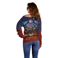 American Samoa Fautasi Off Shoulder Sweater Pago Pago Aeto and Iseula o le Moana of Fagatogo Red-Blue - Polynesian Pride
