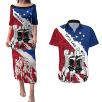 Custom Samoa Rugby Couples Matching Puletasi Dress and Hawaiian Shirt Siva Tau Dance Polynesian Tattoo Brush Style LT03 Red - Polynesian Pride