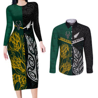 Personalised South Africa and New Zealand Couples Matching Long Sleeve Bodycon Dress and Long Sleeve Button Shirt King Protea and Silver Fern Mix Culture Pattern LT03 Black - Polynesian Pride