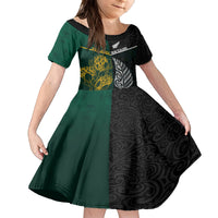 Personalised South Africa and New Zealand Family Matching Puletasi Dress and Hawaiian Shirt King Protea and Silver Fern Mix Culture Pattern LT03 Daughter's Dress Black - Polynesian Pride