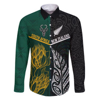 Personalised South Africa and New Zealand Family Matching Short Sleeve Bodycon Dress and Hawaiian Shirt King Protea and Silver Fern Mix Culture Pattern LT03 Dad's Shirt - Long Sleeve Black - Polynesian Pride