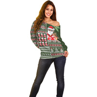 Hawaii Mele Kalikimaka Off Shoulder Sweater Aloha and Christmas Elements Patchwork Green Style LT03 - Polynesian Pride