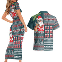 Hawaii Mele Kalikimaka Couples Matching Short Sleeve Bodycon Dress and Hawaiian Shirt Aloha and Christmas Elements Patchwork Turquoise Style LT03 - Polynesian Pride