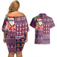 Hawaii Mele Kalikimaka Couples Matching Off Shoulder Short Dress and Hawaiian Shirt Aloha and Christmas Elements Patchwork Pink Style LT03 - Polynesian Pride