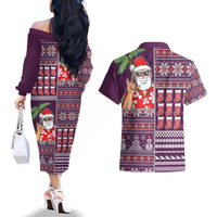 Hawaii Mele Kalikimaka Couples Matching Off The Shoulder Long Sleeve Dress and Hawaiian Shirt Aloha and Christmas Elements Patchwork Pink Style LT03 - Polynesian Pride