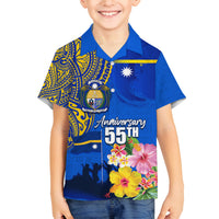 Personalised Nauru Independence Day Family Matching Long Sleeve Bodycon Dress and Hawaiian Shirt Nauruan Tribal Flag Style LT03 Son's Shirt Blue - Polynesian Pride