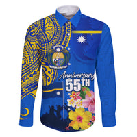Personalised Nauru Independence Day Family Matching Mermaid Dress and Hawaiian Shirt Nauruan Tribal Flag Style LT03 Dad's Shirt - Long Sleeve Blue - Polynesian Pride