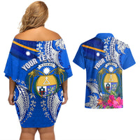 Personalised Nauru Coat of Arms Couples Matching Off Shoulder Short Dress and Hawaiian Shirt Tropical Flower Polynesian Pattern LT03 - Polynesian Pride