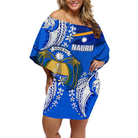 Personalised Nauru Coat of Arms Family Matching Off Shoulder Short Dress and Hawaiian Shirt Tropical Flower Polynesian Pattern LT03 Mom's Dress Blue - Polynesian Pride