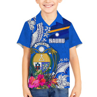 Personalised Nauru Coat of Arms Family Matching Short Sleeve Bodycon Dress and Hawaiian Shirt Tropical Flower Polynesian Pattern LT03 Son's Shirt Blue - Polynesian Pride