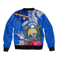 Personalised Nauru Coat of Arms Sleeve Zip Bomber Jacket Tropical Flower Polynesian Pattern LT03 - Polynesian Pride
