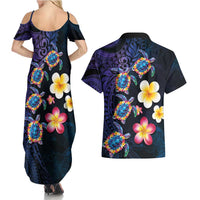 Hawaiian Turtles and Plumeria Couples Matching Summer Maxi Dress and Hawaiian Shirt Polynesian Art Tribal Tattoo Dark Aqua Color