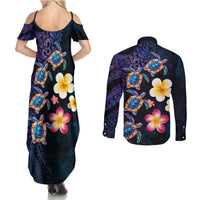 Hawaiian Turtles and Plumeria Couples Matching Summer Maxi Dress and Long Sleeve Button Shirt Polynesian Art Tribal Tattoo Dark Aqua Color