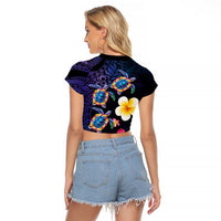 Hawaiian Turtles and Plumeria Raglan Cropped T Shirt Polynesian Art Tribal Tattoo Dark Aqua Color