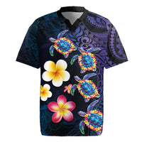 Hawaiian Turtles and Plumeria Rugby Jersey Polynesian Art Tribal Tattoo Dark Aqua Color LT03 Blue - Polynesian Pride