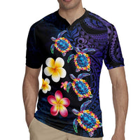 Hawaiian Turtles and Plumeria Rugby Jersey Polynesian Art Tribal Tattoo Dark Aqua Color LT03 - Polynesian Pride