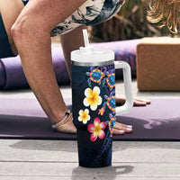 Hawaiian Turtles and Plumeria Tumbler With Handle Polynesian Art Tribal Tattoo Dark Aqua Color