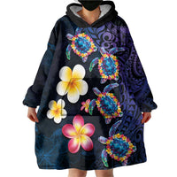 Hawaiian Turtles and Plumeria Wearable Blanket Hoodie Polynesian Art Tribal Tattoo Dark Aqua Color LT03 - Polynesian Pride