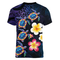 Hawaiian Turtles and Plumeria Women V-Neck T-Shirt Polynesian Art Tribal Tattoo Dark Aqua Color LT03 - Polynesian Pride