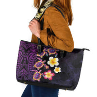 Hawaiian Turtles and Plumeria Leather Tote Bag Polynesian Art Tribal Tattoo Deep Violet Color LT03 Purple - Polynesian Pride