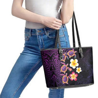 Hawaiian Turtles and Plumeria Leather Tote Bag Polynesian Art Tribal Tattoo Deep Violet Color LT03 - Polynesian Pride