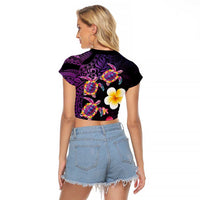 Hawaiian Turtles and Plumeria Raglan Cropped T Shirt Polynesian Art Tribal Tattoo Deep Violet Color LT03 - Polynesian Pride