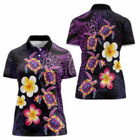 Hawaiian Turtles and Plumeria Women Polo Shirt Polynesian Art Tribal Tattoo Deep Violet Color