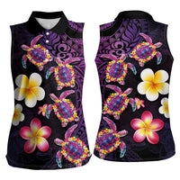 Hawaiian Turtles and Plumeria Women Sleeveless Polo Shirt Polynesian Art Tribal Tattoo Deep Violet Color LT03 - Polynesian Pride