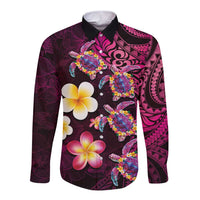 Hawaiian Turtles and Plumeria Long Sleeve Button Shirt - Polynesian Art Tribal Tattoo Cerise LT03 - Polynesian Pride