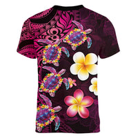 Hawaiian Turtles and Plumeria Women V-Neck T-Shirt Polynesian Art Tribal Tattoo Cerise LT03 - Polynesian Pride