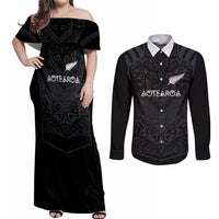 Custom Aotearoa Rugby Couples Matching Off Shoulder Maxi Dress and Long Sleeve Button Shirt The Blacks-Sporty T90 Style LT03 Black - Polynesian Pride